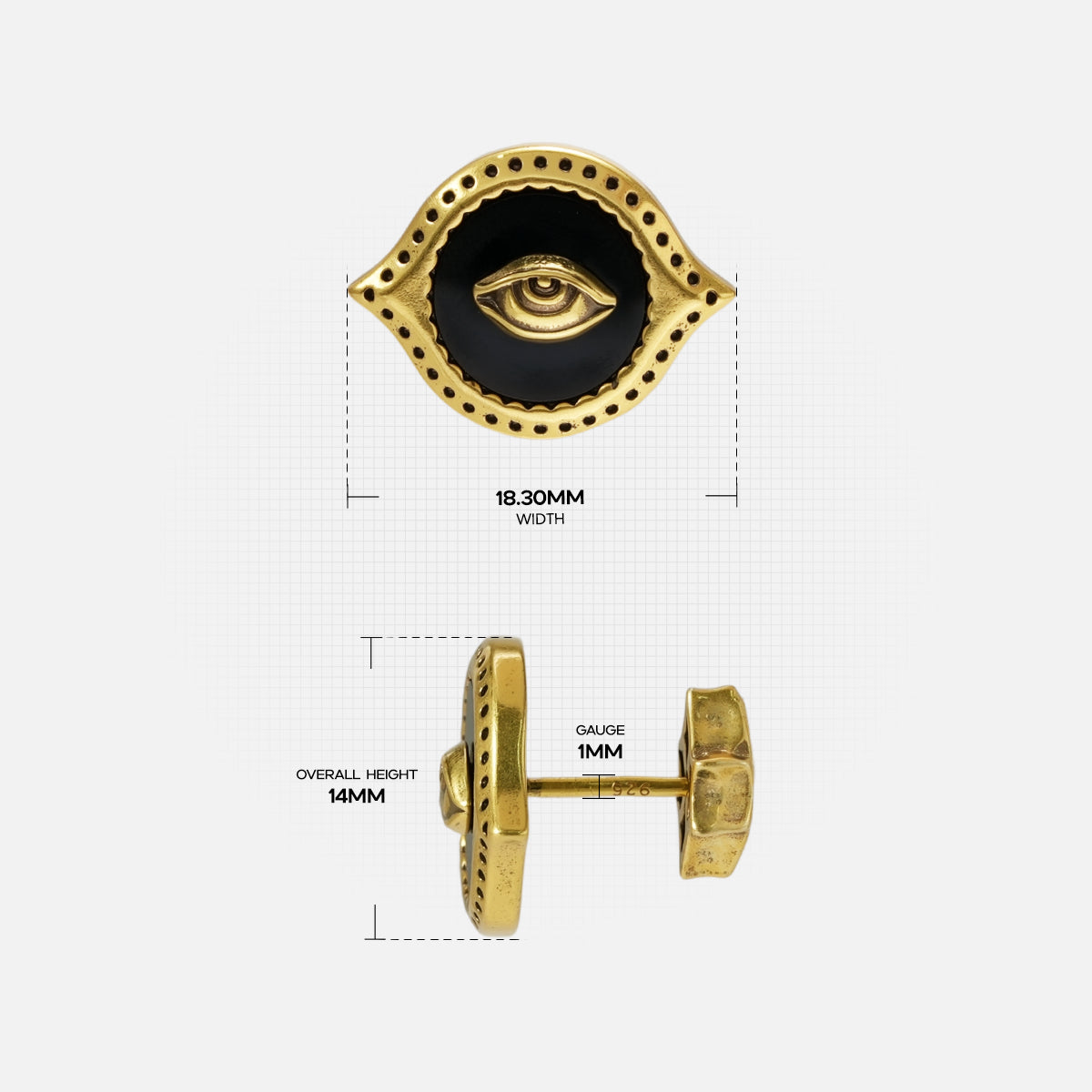 Size guide for the gold-tone Mirror Witness Stud Earrings showing the front dimensions and side profile.