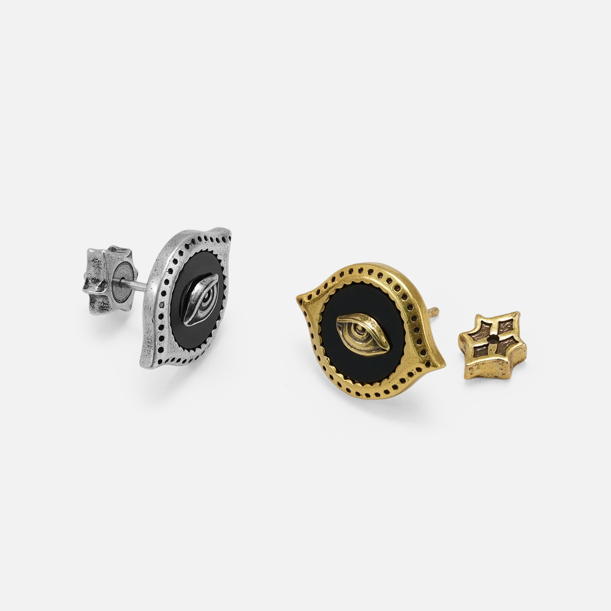 Antiqued silver- and gold-tone Mirror Witness Stud Earrings displayed from angled views to show the layered fronts and stud backs.