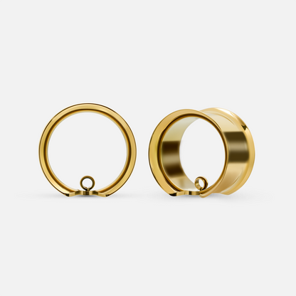 Gold-tone modular ring tunnel pair shown front and angled view with attached loop detail
