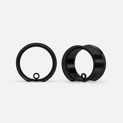 Black modular ring tunnels shown from the front and side with a small attachment loop at the base