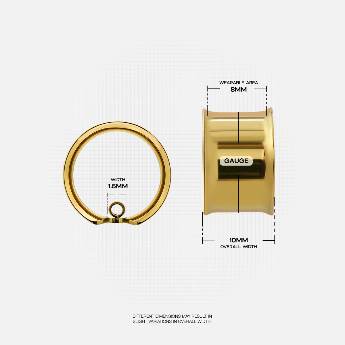 Gold-tone modular ring tunnel dimension guide showing ring width, wearable area, and overall tunnel width