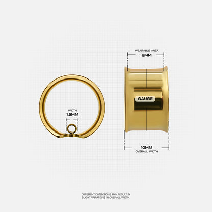 Gold-tone modular ring tunnel dimension guide showing ring width, wearable area, and overall tunnel width