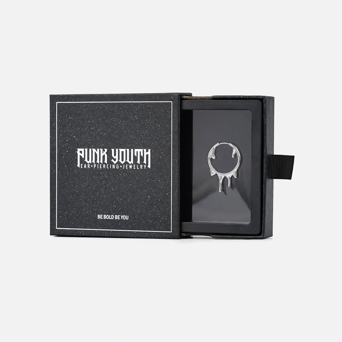 Molten Drop Earrings in 925 sterling silver displayed inside an open black Punkyouth jewelry box.
