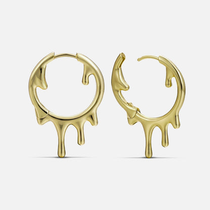 Gold-tone hoop earrings with a melted drip design, shown front and side view as a pair