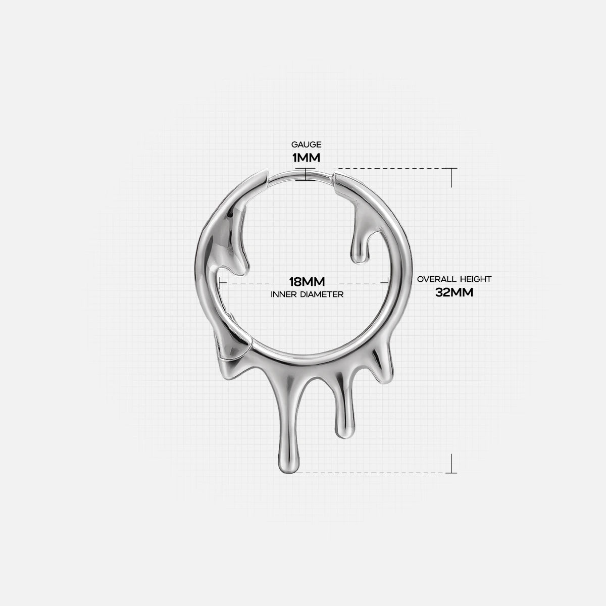 Silver Molten Drop hoop earring with dripping silhouette and dimensions