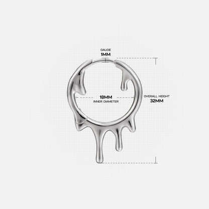 Silver Molten Drop hoop earring with dripping silhouette and dimensions