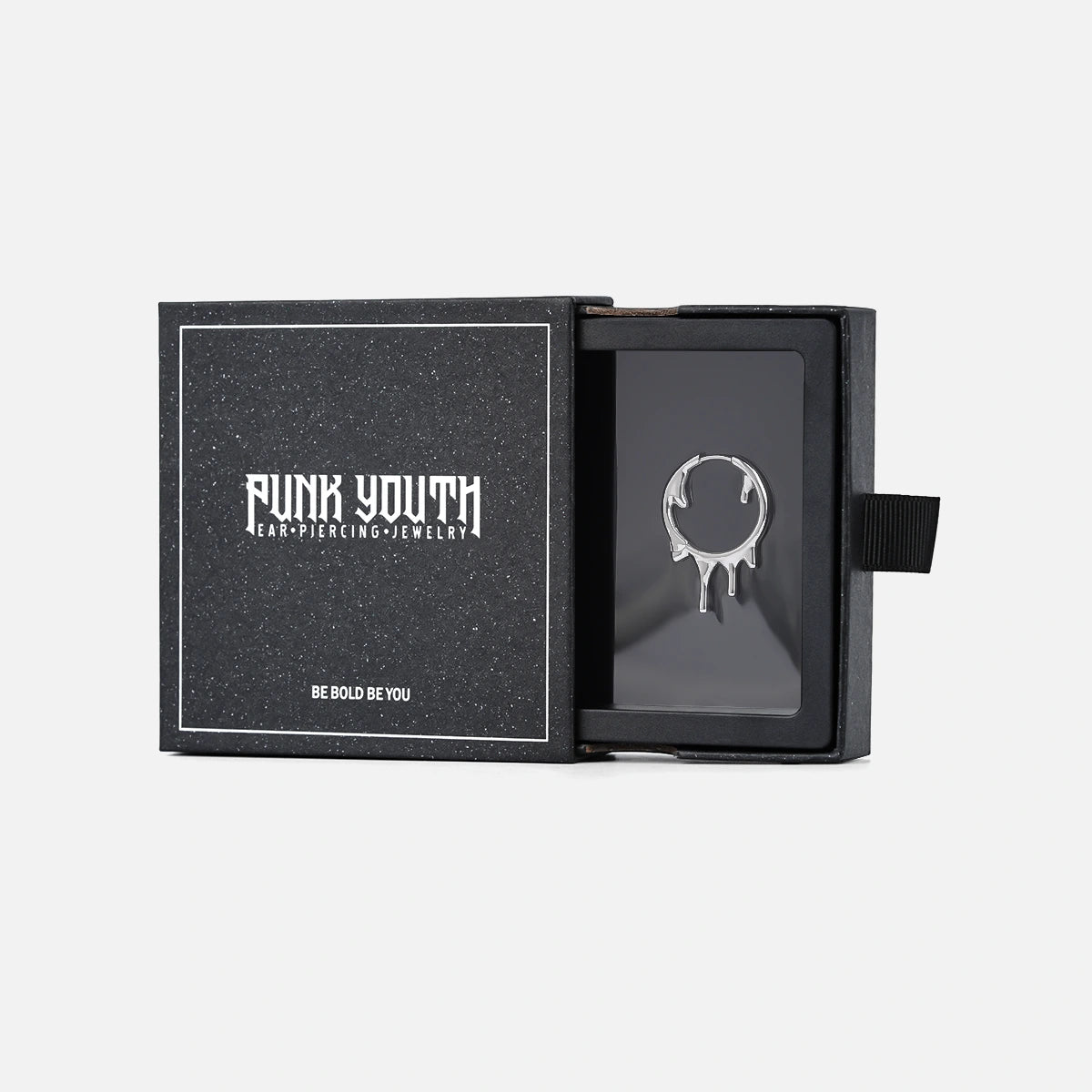 Silver Molten Drop hoop earring presented in a black PUNKYOUTH jewelry box