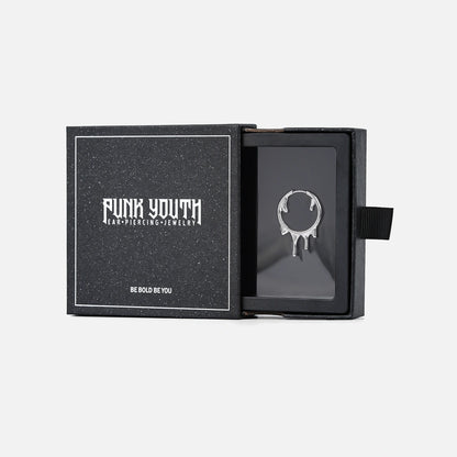 Silver Molten Drop hoop earring presented in a black PUNKYOUTH jewelry box