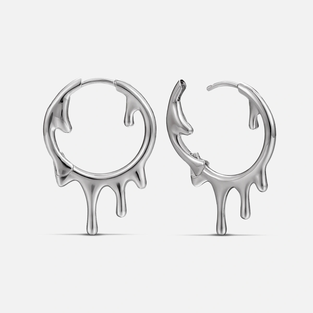 Silver-tone hoop earrings with a dripping melted design, shown front and side view as a pair