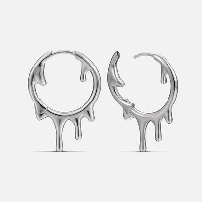Silver-tone hoop earrings with a dripping melted design, shown front and side view as a pair