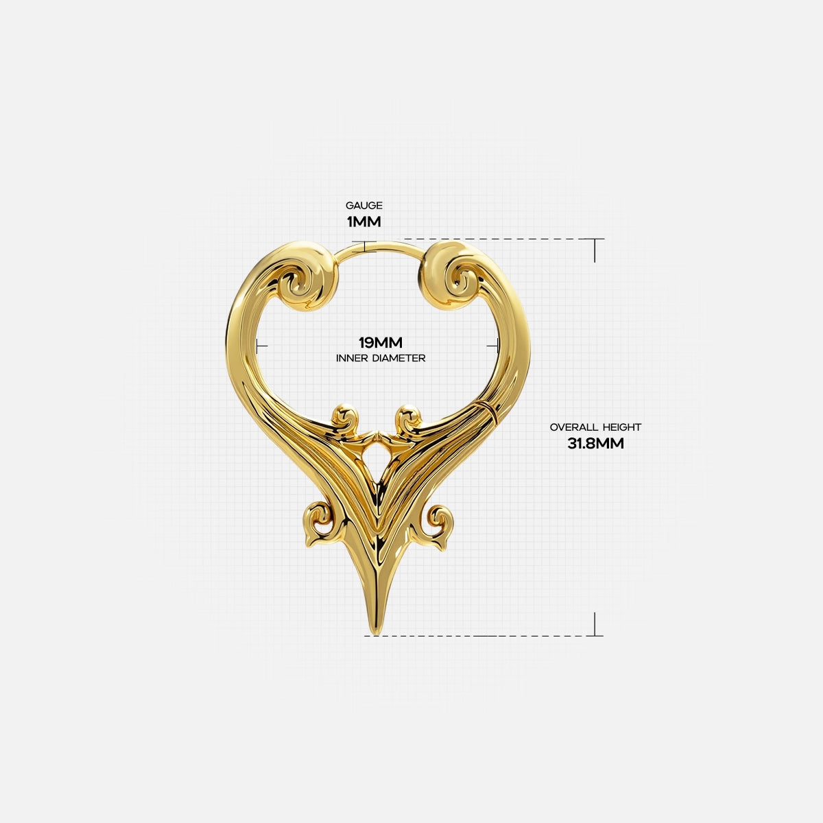 Gold Mystic Crest heart hoop earring with scroll details and dimensions