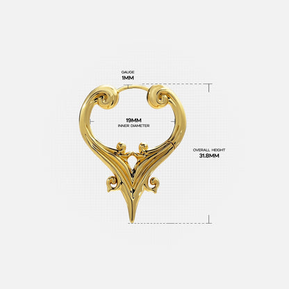 Gold Mystic Crest heart hoop earring with scroll details and dimensions
