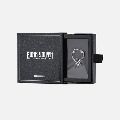 Silver Mystic Crest heart hoop earring presented in a black jewelry box
