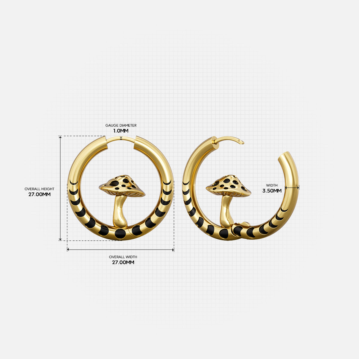 Gold Mystic Fungi hoop earring with striped band and measurement details