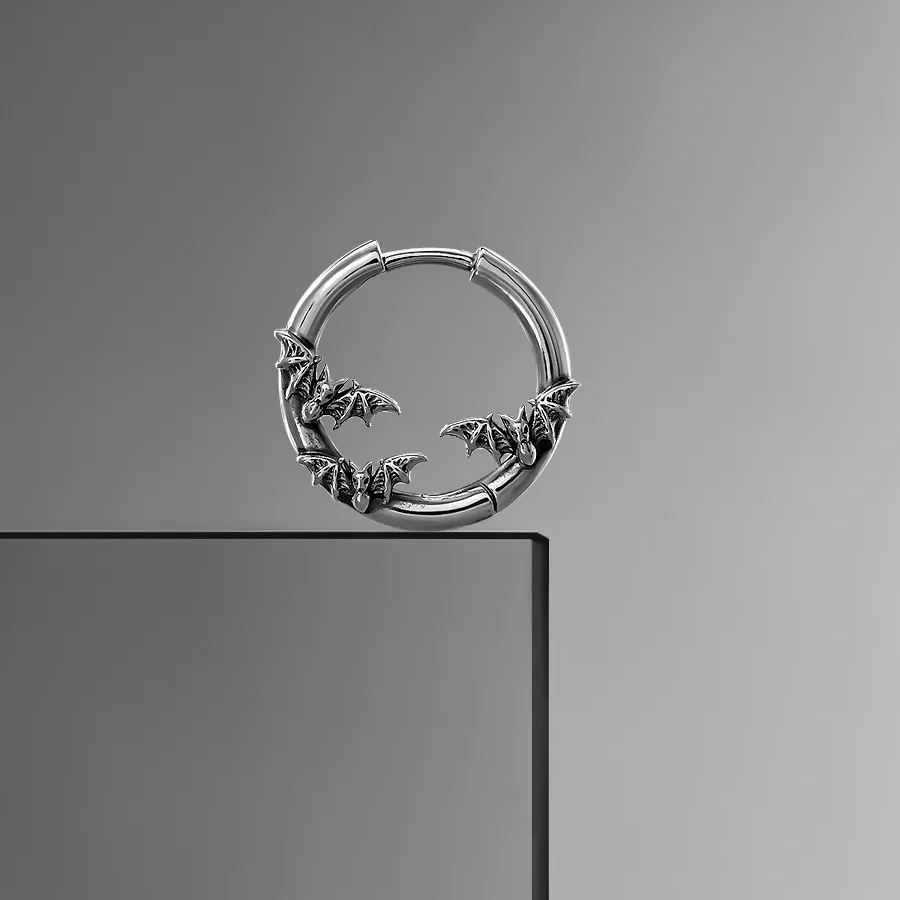 Silver Mystic Insight hoop earring with multiple small bats around the hoop