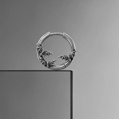 Silver Mystic Insight hoop earring with multiple small bats around the hoop