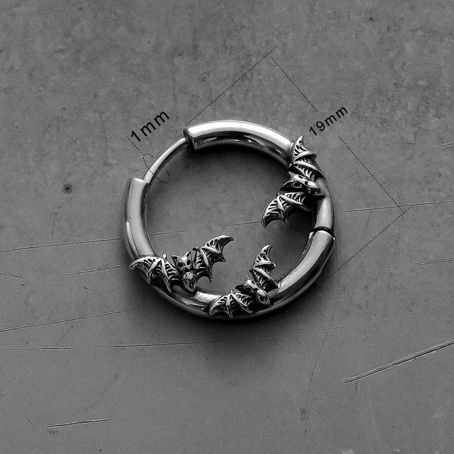 Silver Mystic Insight hoop earring with bat details and measurement marks