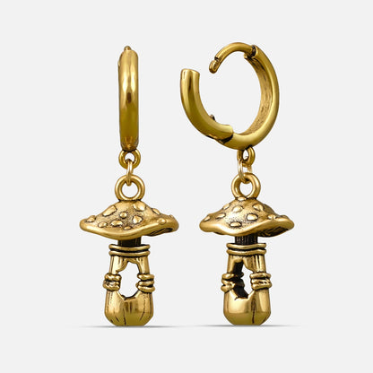 Pair of gold Mystical Mushroom hoop earrings with dangling mushroom figures