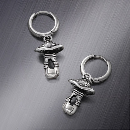 Pair of silver Mystical Mushroom hoop earrings with dangling mushroom figures