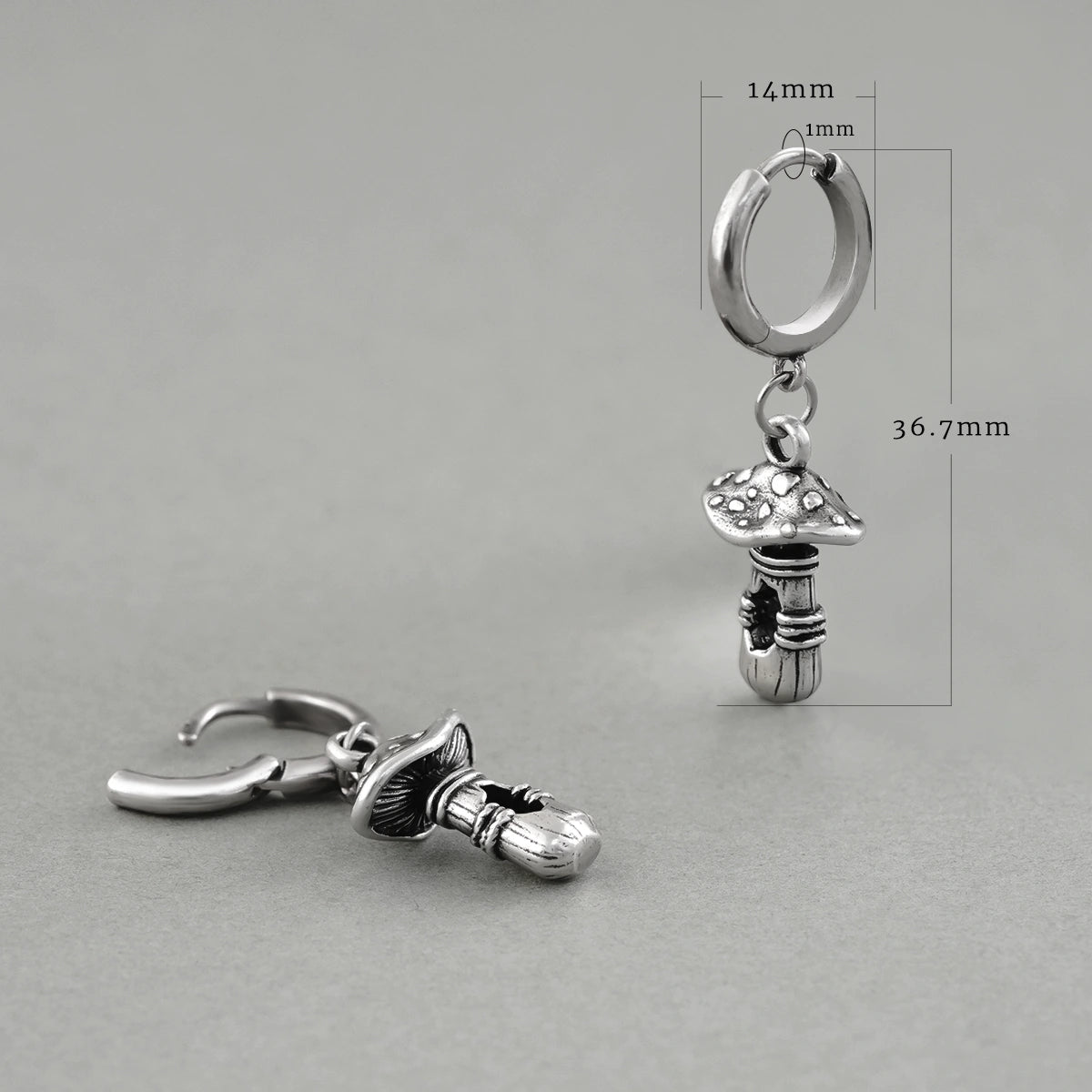 Silver Mystical Mushroom hoop earrings shown with measurement details