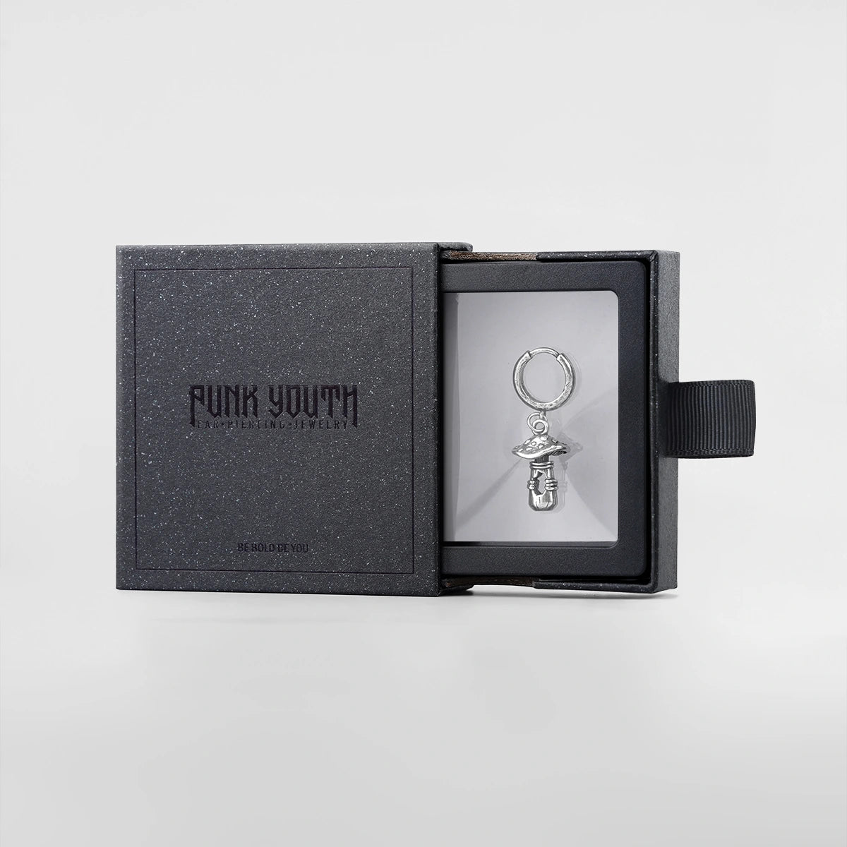 Silver Mystical Mushroom hoop earring presented in a black jewelry box