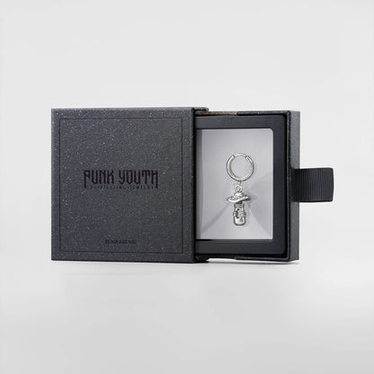 Silver Mystical Mushroom hoop earring presented in a black jewelry box