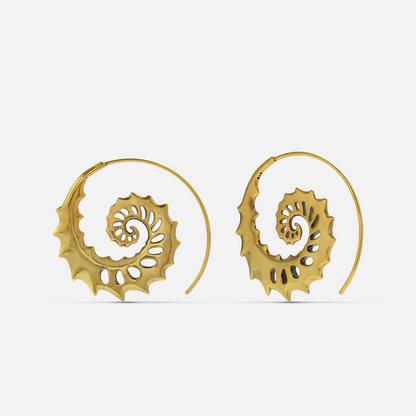 Gold Nautilus Omen Earrings with spiral shell forms, cutout ridges, thorn-like edges, and hoop design on a clean background.
