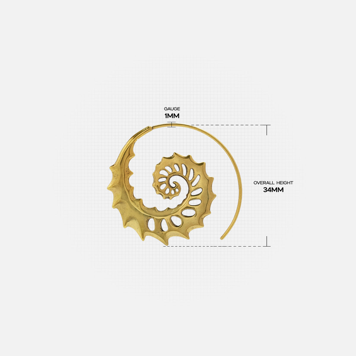 Size guide image for the gold Nautilus Omen Earrings, showing the spiral shell size, hoop curve, and sculptural cutout design.
