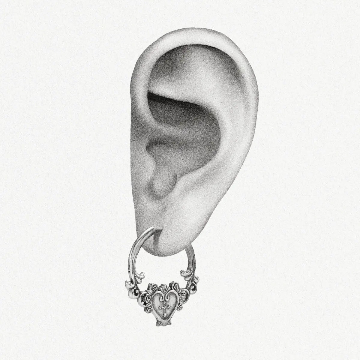 Ornate Affection Earrings in 925 sterling silver shown on an illustrated ear to demonstrate the ornate hoop scale.