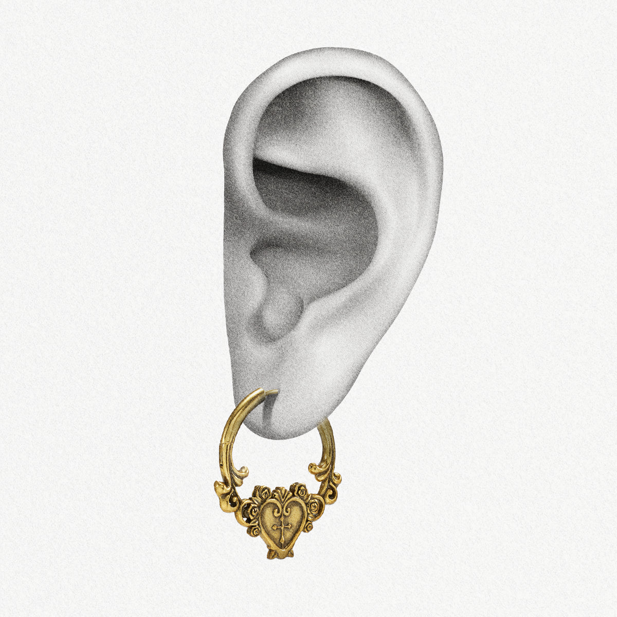 Gold Ornate Affection hoop earring shown on an ear illustration