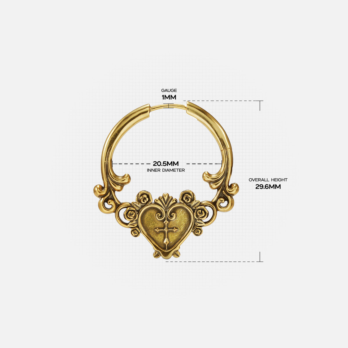 Gold Ornate Affection hoop earring with filigree heart drop and dimensions