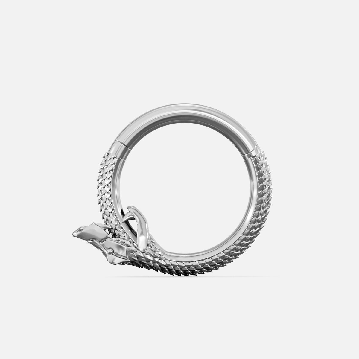 Silver-tone Ouroboros Coil clicker formed from a circular serpent with a sculpted head and tail