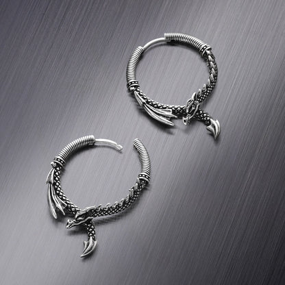 Pair of silver Ouroboros Dragon hoop earrings with wing and tail details