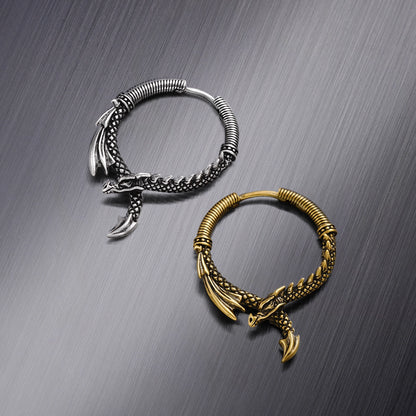 Silver and gold Ouroboros Dragon hoop earrings shown together