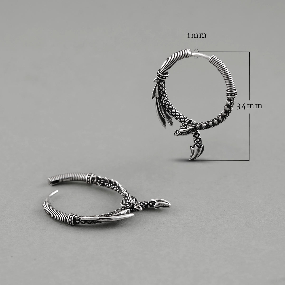 Silver Ouroboros Dragon hoop earring shown upright and flat with dimensions