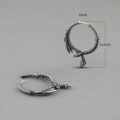 Silver Ouroboros Dragon hoop earring shown upright and flat with dimensions