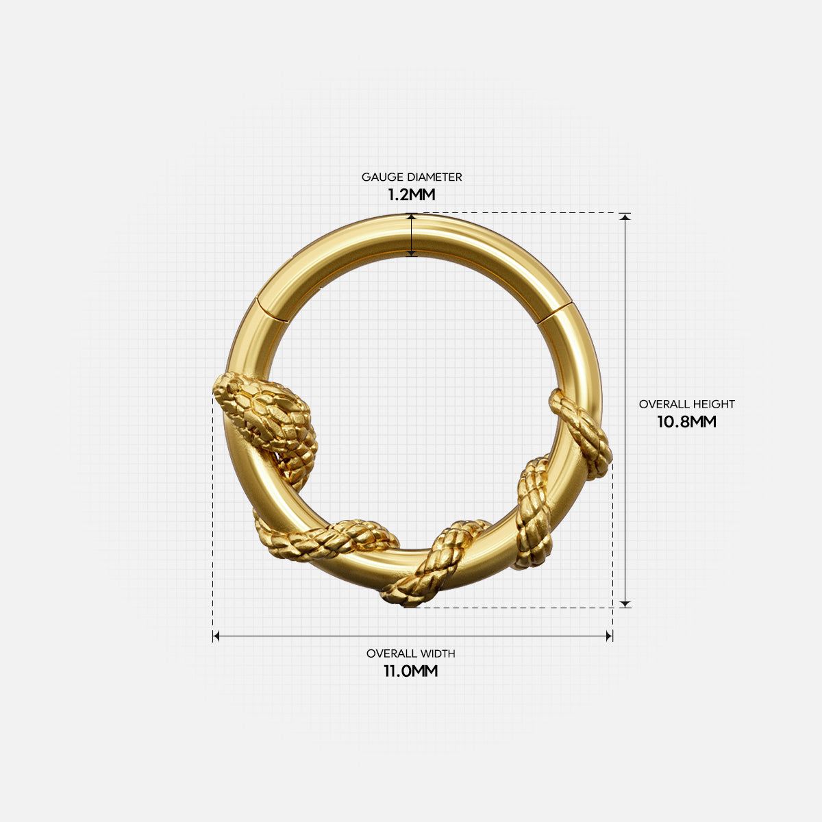 Gold Ouroboros Serpent clicker with coiled snake design and measurement details