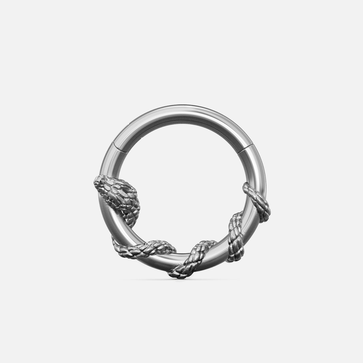 Silver-tone Ouroboros Serpent septum clicker formed by two textured snake bodies around a circular hoop