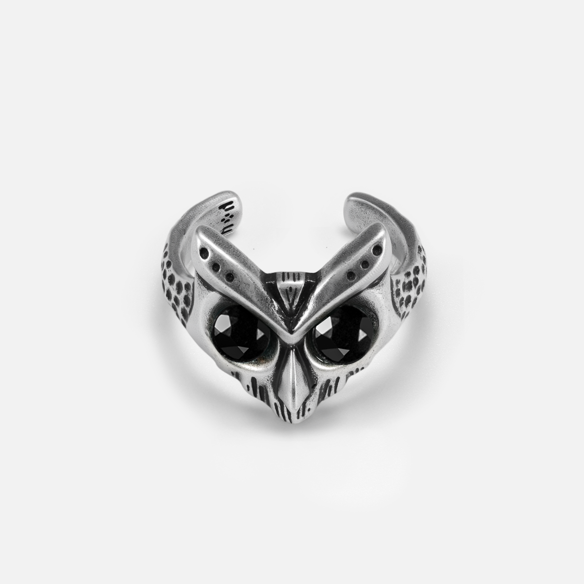 Owl Sentinel Rings in antiqued sterling silver with black obsidian stone eyes