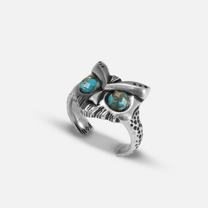 Owl Sentinel Rings in 925 sterling silver with antiqued owl skull design and turquoise stone eyes