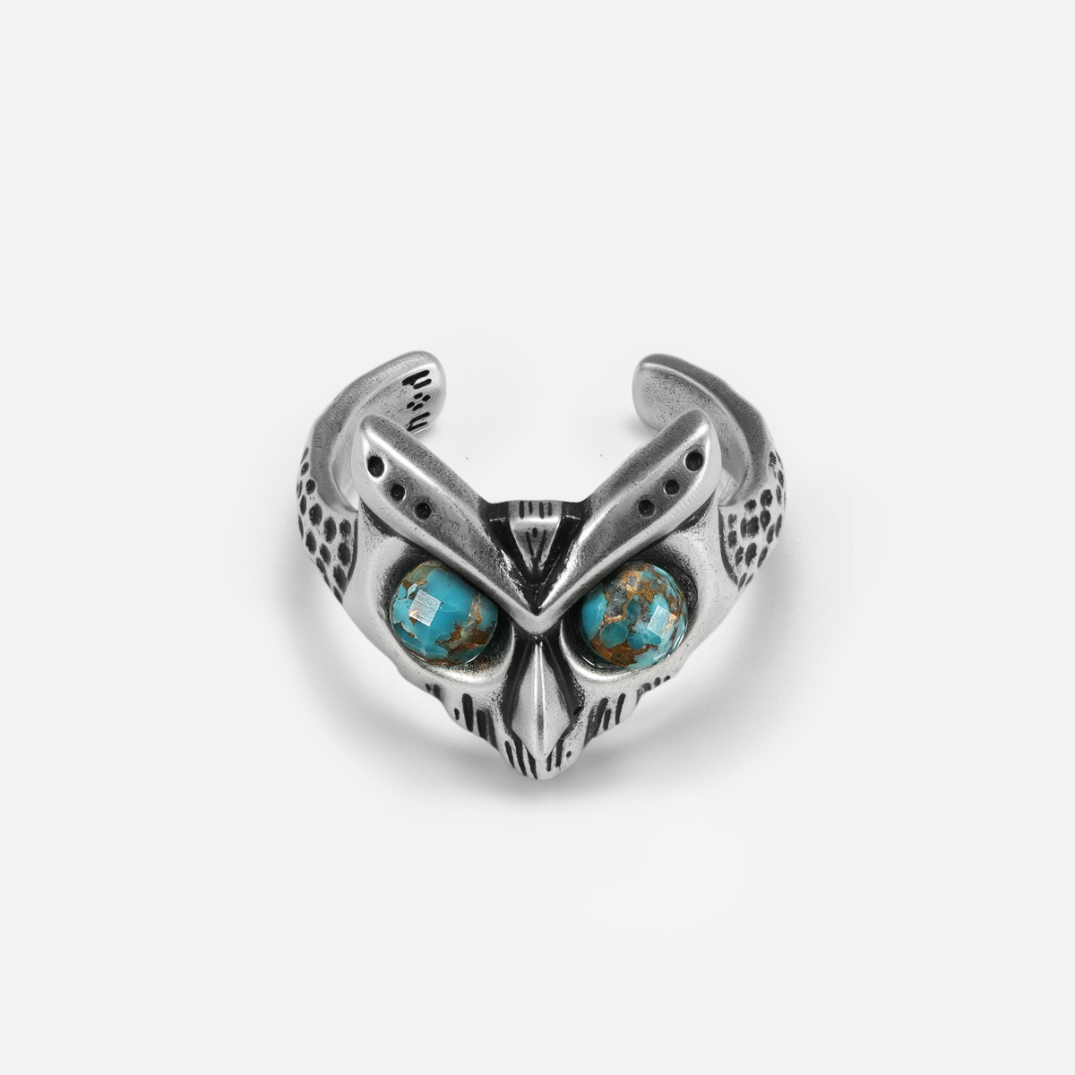 Turquoise Owl Sentinel Ring with carved owl skull face and adjustable sterling silver band