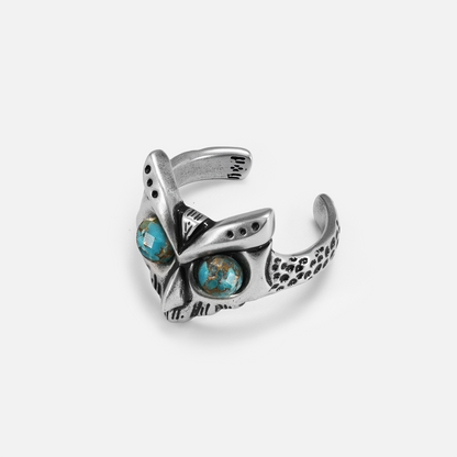 Owl Sentinel Ring with turquoise stone eyes, pointed ears, and antiqued silver finish