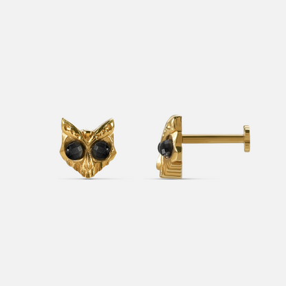 Gold Owl Skull Ear Studs in 18K gold PVD titanium with black obsidian eyes