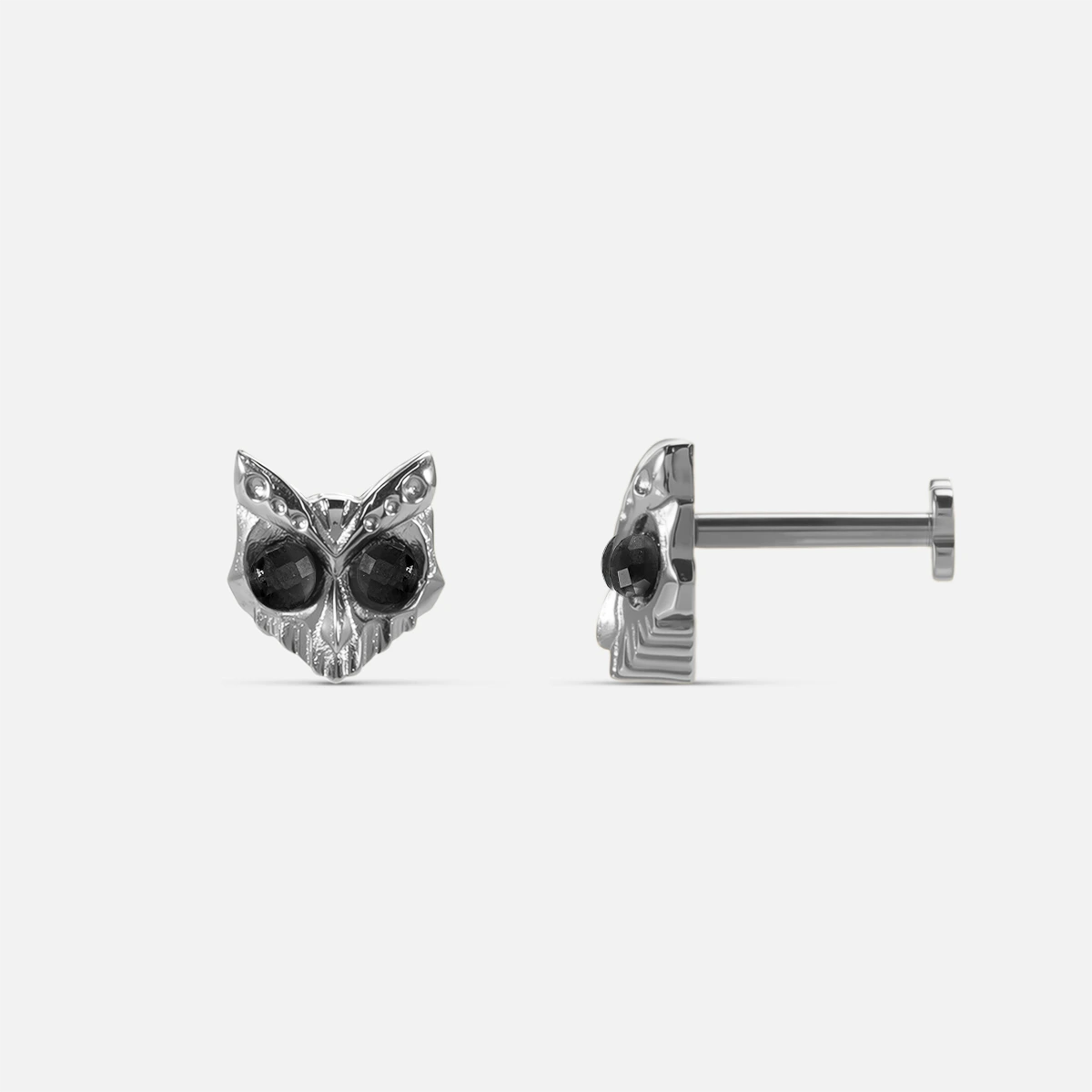 Silver Owl Skull Ear Studs with black obsidian eyes and polished titanium post backing