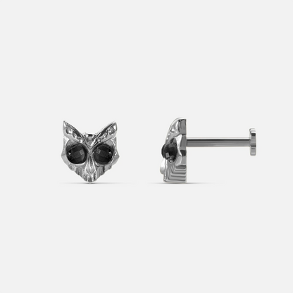 Silver Owl Skull Ear Studs with black obsidian eyes and polished titanium post backing