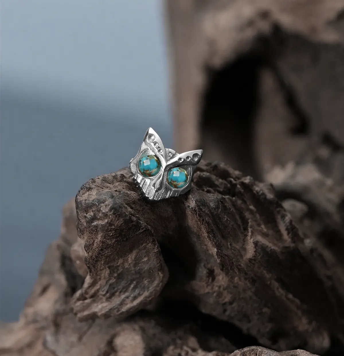 Silver Owl Skull Ear Studs with turquoise eyes photographed on weathered wood