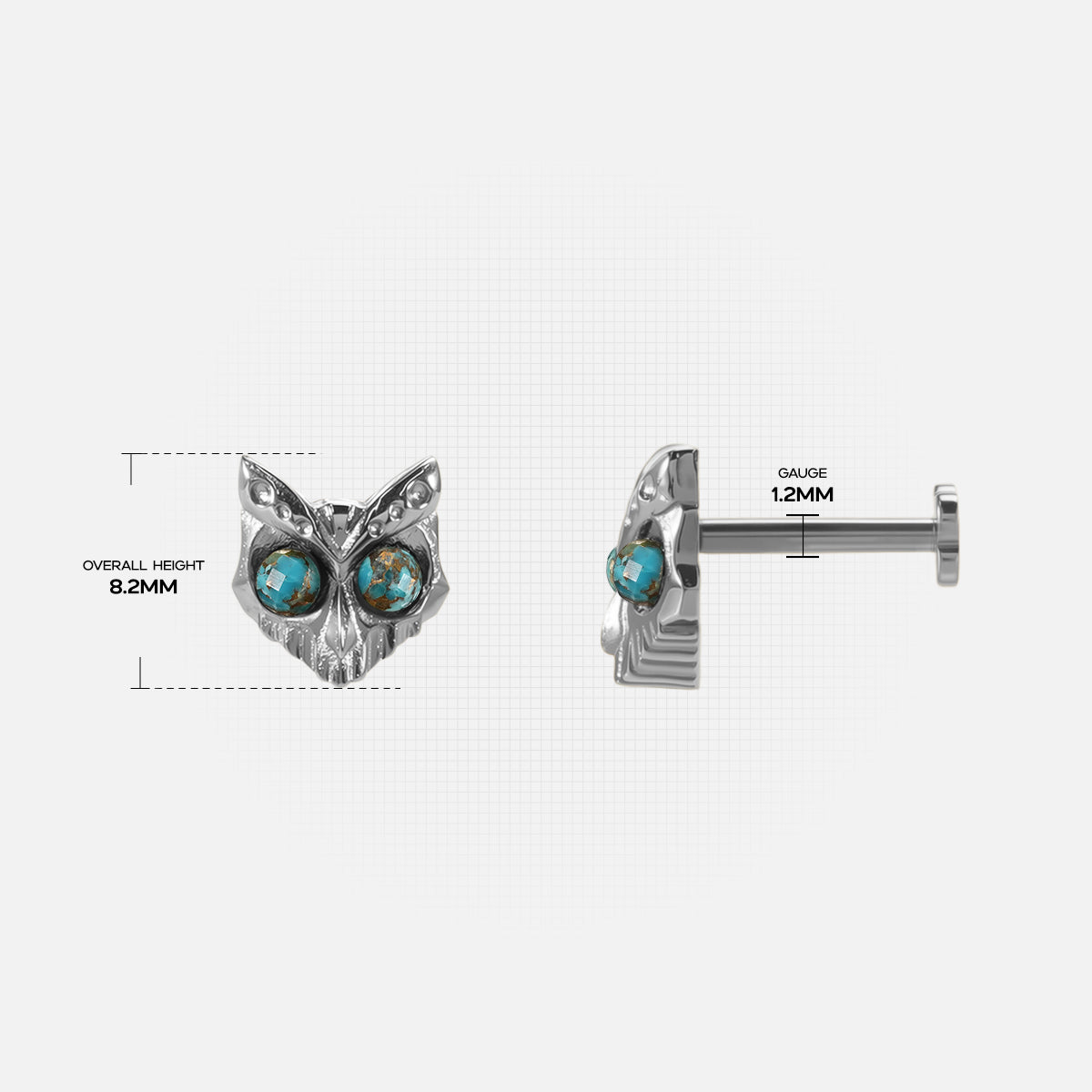 Owl Skull Ear Studs size guide showing stud width, height, and post proportions