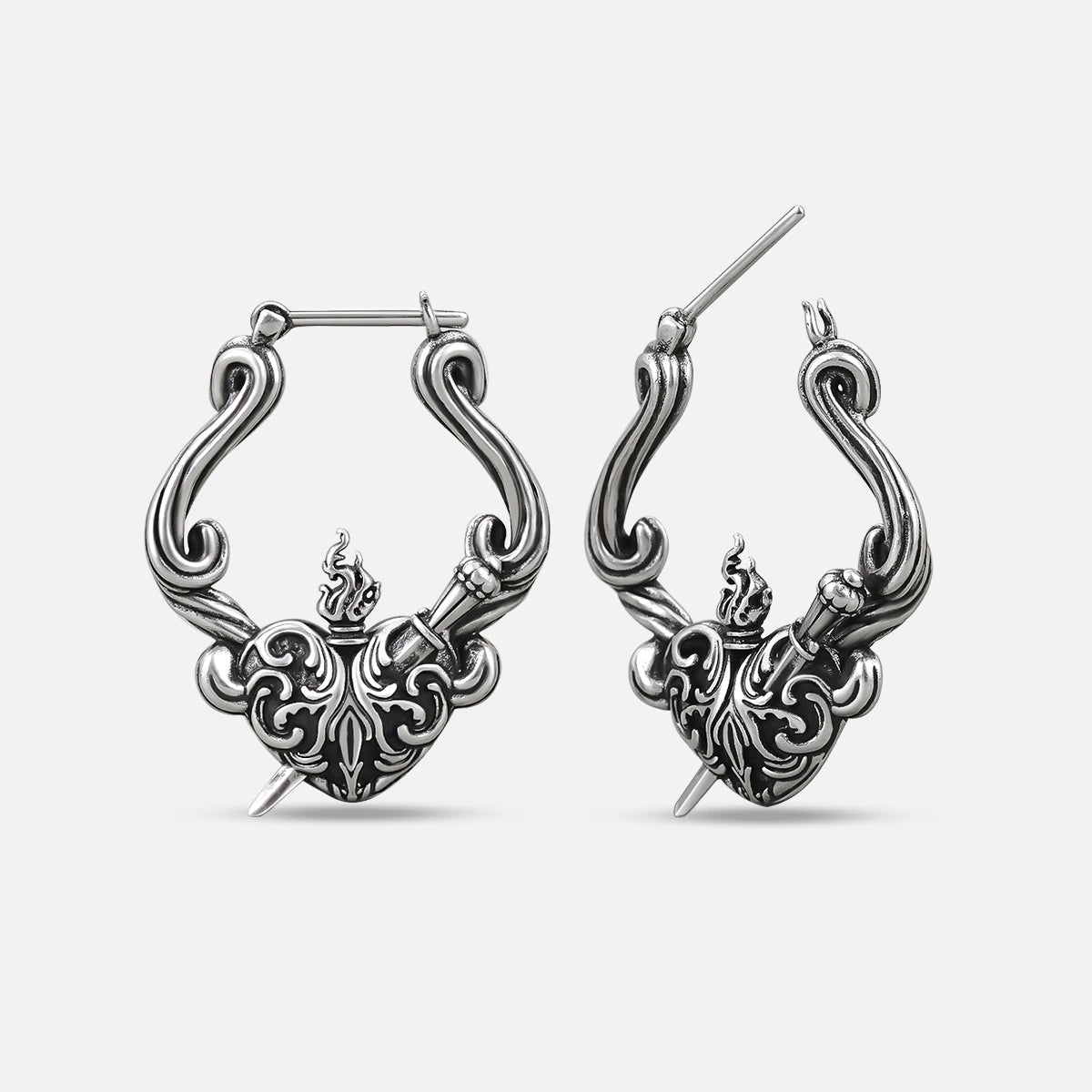 Pair of silver Passionate Heart hoop earrings with flame and scroll details