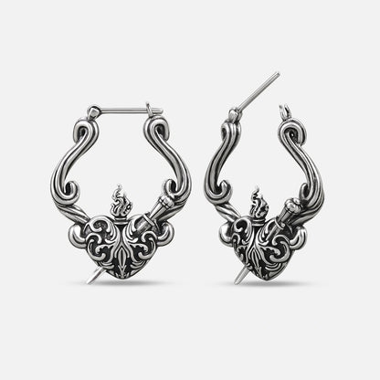 Pair of silver Passionate Heart hoop earrings with flame and scroll details