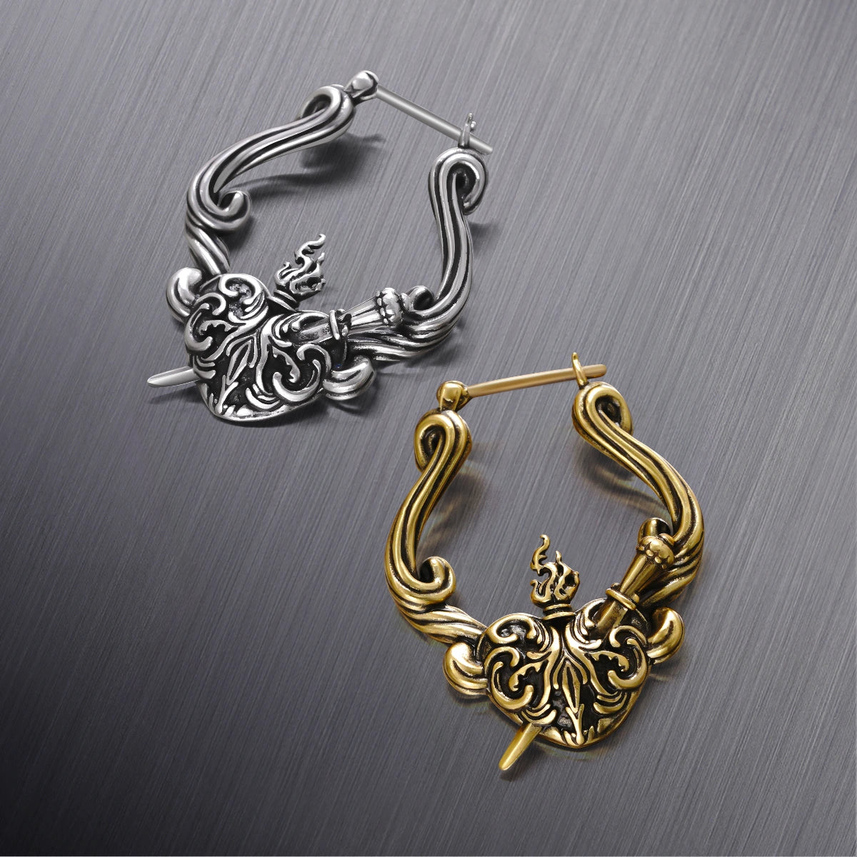 Silver and gold Passionate Heart hoop earrings shown together